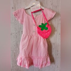 Little Lass Pink Striped Dress with Strawberry Crochet Bag Girls Size 6 Easter